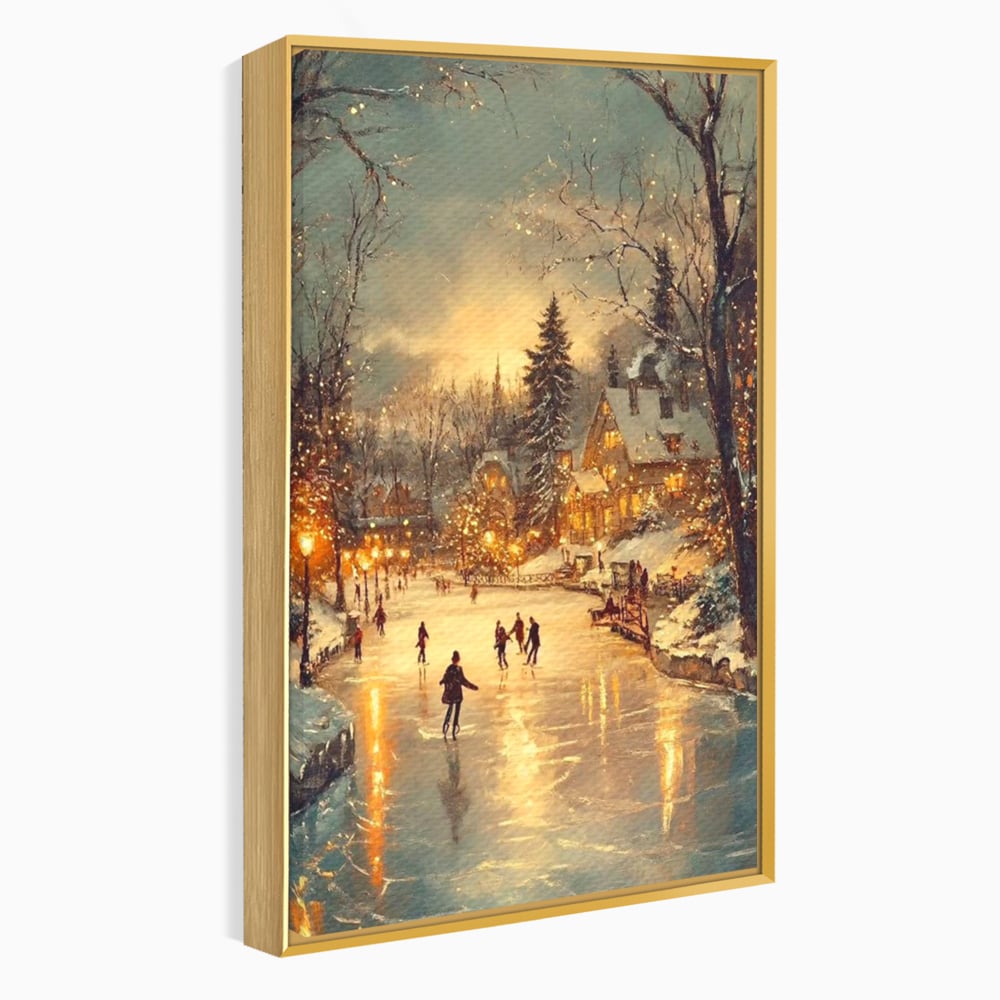 Tablou canvas cu pictura cu patinatori pe gheata de iarna, in rama de aluminiu auriu